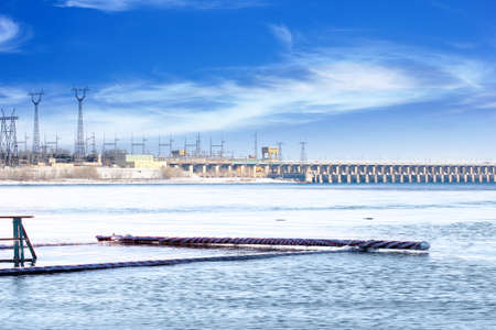 hydraulic structure hydroelectric power station on the winter riverのeditorial素材