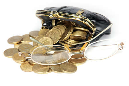 metallic rubles, glasses and black leather purse