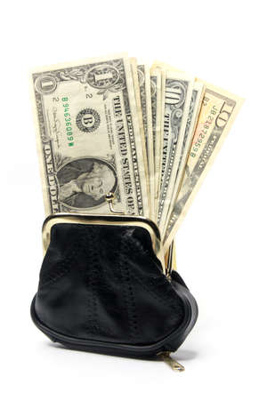 shallow paper dollars are in a black purseの写真素材