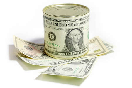 Label with the image of dollar on a tin foodの写真素材