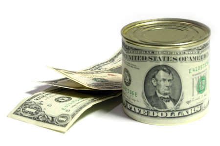 Label with the image of dollar on a tin foodの写真素材
