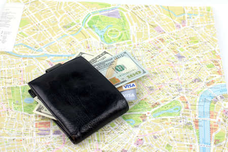 bank cards, paper dollars in leather walletの写真素材
