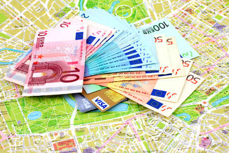 bank cards, paper money euro on the paper mapの写真素材