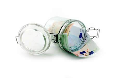 Euro paper notes in a glass jar accumulation