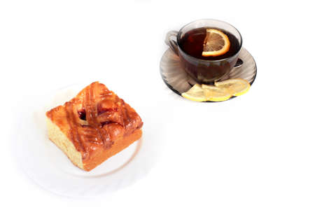 sweet baked pie and tea with lemonの写真素材