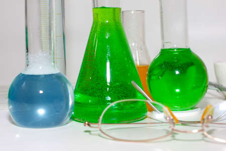 glass test tubes and retorts for chemistryの写真素材