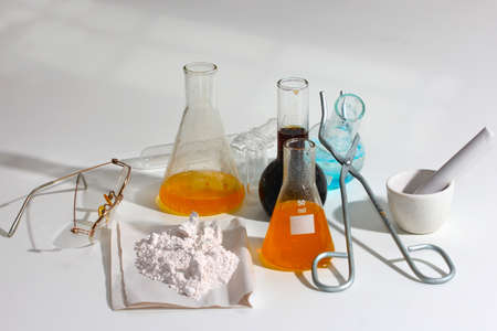 Chemical glass tubes and retorts for researchの写真素材
