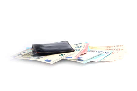 paper euro banknotes in old leather purse