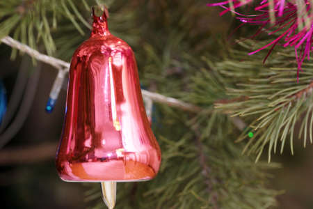 glass Christmas tree decorations on festive backgroundの写真素材