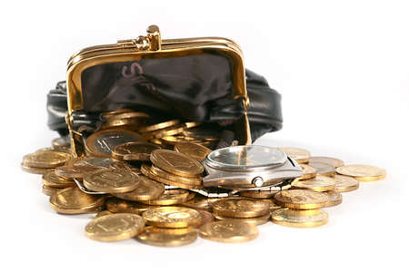 leather purse with metal coins and watchesの写真素材