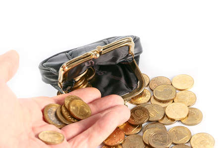 Black leather purse and Russian metal coins