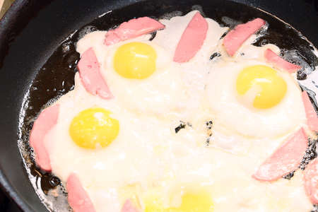 tasty fried eggs with fresh sausages in a panの写真素材