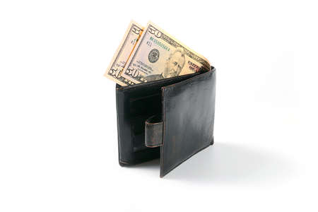 leather wallet with a small amount of paper money dollar