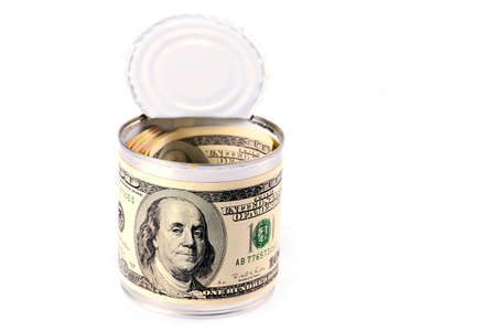 paper money American dollars in galvanized tin label a coin as a variant of saving moneyの写真素材