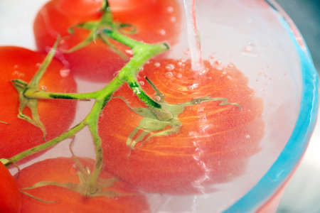 Washing ripe red bunch of tomatoes in a glass container using a jet of clean drinking waterの写真素材