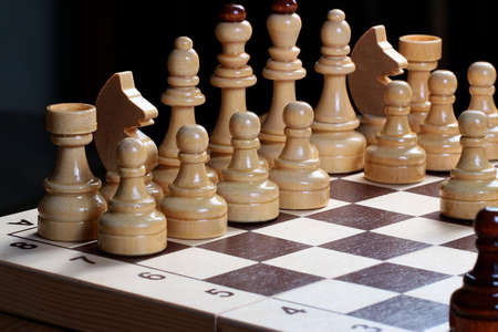 Dark and light wooden chess pieces stand on a blackboard