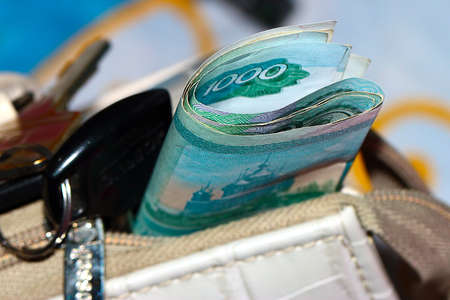 Collapsed casually in a tube paper denominations Russian face value of one thousand rublesの写真素材