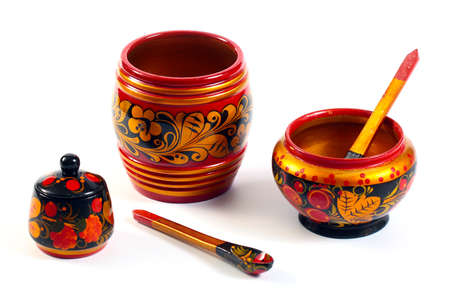 Wooden painted dishes as a symbol of Russian national cultureの写真素材