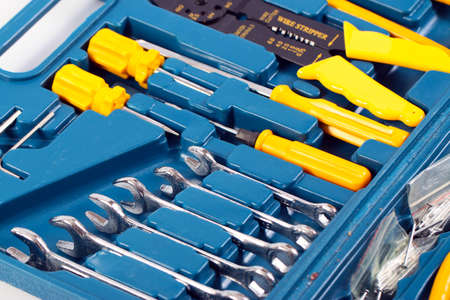 a set of metalwork tools in a plastic caseの写真素材