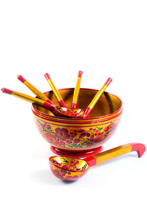 Wooden painted dishes as a symbol of Russian national cultureの写真素材