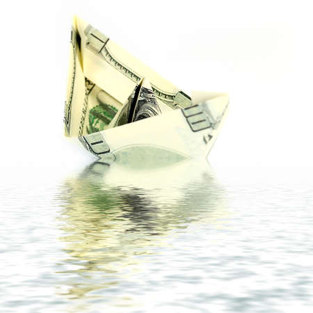 a boat built of American hundred-dollar bills, origamiの写真素材