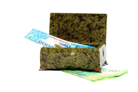 Russian paper banknotes in the box of semiprecious stone malachiteの写真素材