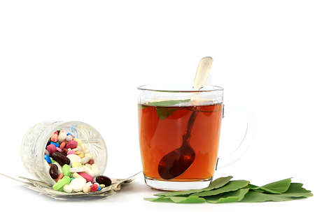 tea, ginko beloba leaves, pills and dollarsの写真素材