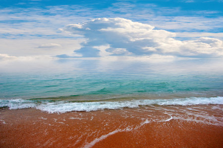 a clear wave of sea water floods the surface of a sandy beach