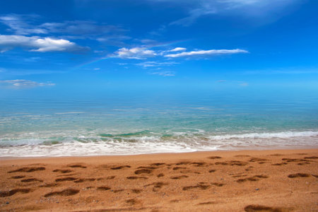 sandy beach and sea waves under a beautiful sky