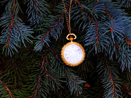 antique pocket watch on a branch of a festive Christmas tree