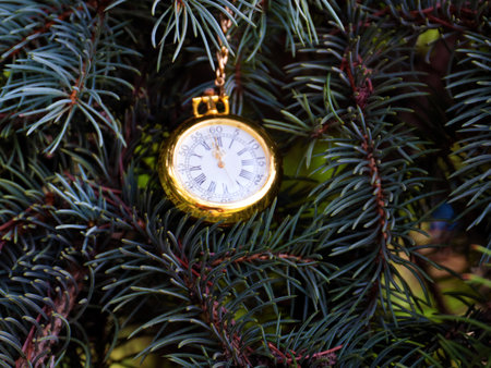 antique pocket watch on a branch of a festive Christmas tree