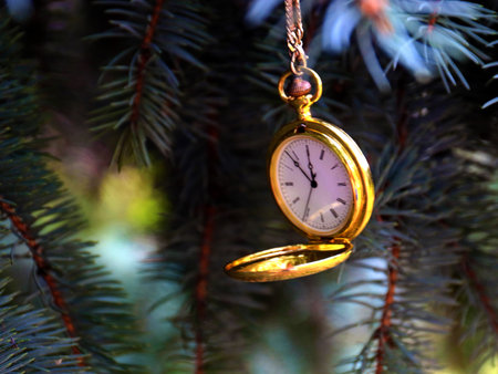 antique pocket watch on a branch of a festive Christmas tree