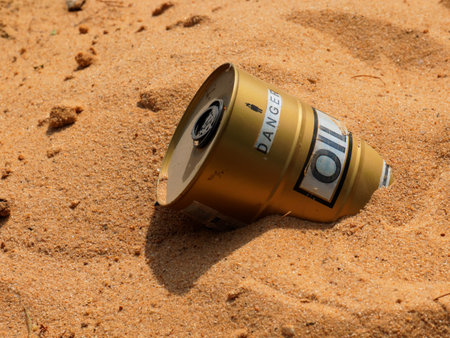 an old oil barrel filled with sand in the desert