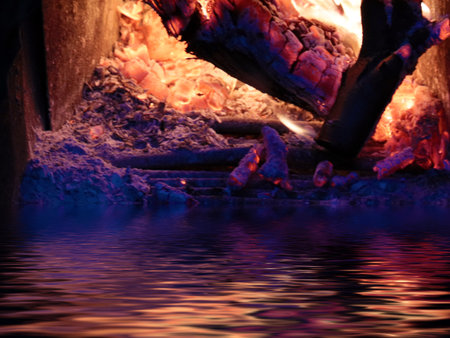reflection in the surface of the water fire portal as an element of the afterlifeの写真素材