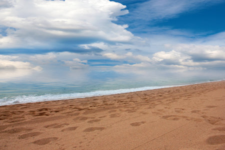 a beautiful sandy beach under a sunny sky as a place of active recreationの写真素材