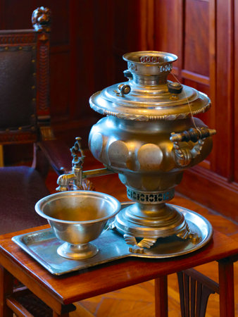 antique copper samovar and tea brewing setの写真素材