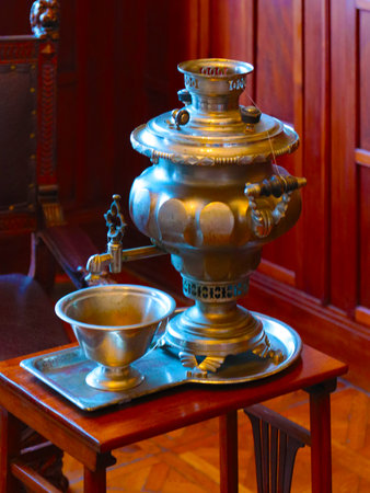 antique copper samovar and tea brewing setの写真素材