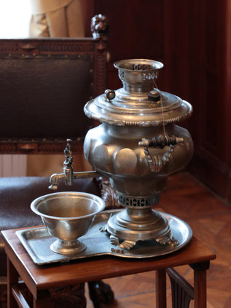 antique copper samovar and tea brewing setの写真素材
