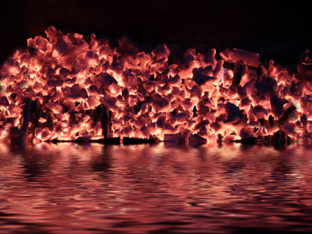the red-hot coal fire is reflected in the water surface
