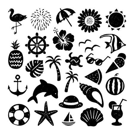 Illustration set of summer and sea stamp style silhouettesのイラスト素材