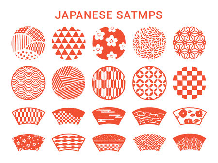 Traditional Japanese symbols and patterns. Stamp style.のイラスト素材