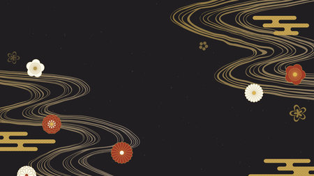 Japanese background. Patterns of running water, chrysanthemums and plums.のイラスト素材