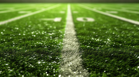 Close-up of a white line on a green football field.の素材