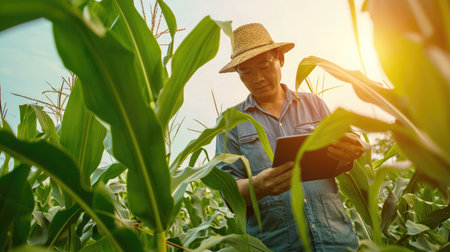 Farmer or agronomist using tablet computer in the corn fieldの素材