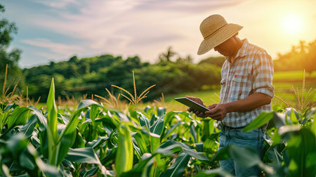 Farmer using digital tablet in corn field with sunset light, agricultural conceptの素材