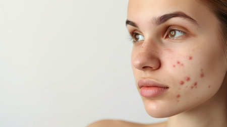 Close up portrait of a young woman with acne on her face.の素材