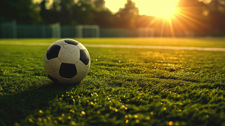 Soccer ball on green grass in football stadium at sunset or sunrise.の素材