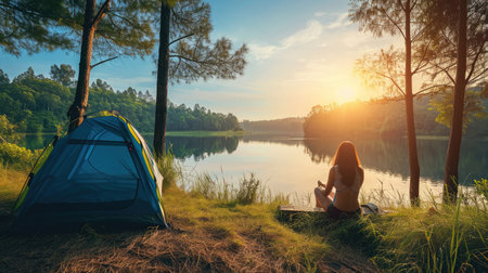 Young woman sitting on the grass near the lake and camping tent.の素材