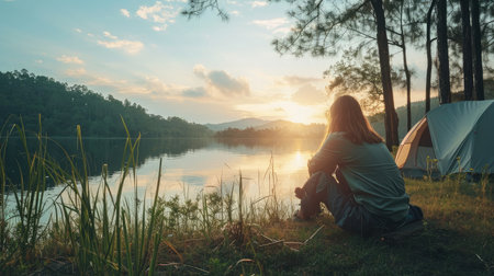 Young woman sitting on the lake and watching the sunrise in the morningの素材