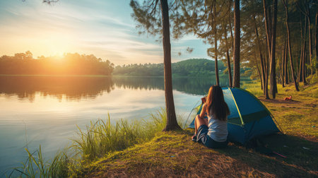 Woman sitting on the grass beside the lake and camping in the evening.の素材